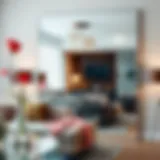 Elegant frameless mirror reflecting a stylish living room