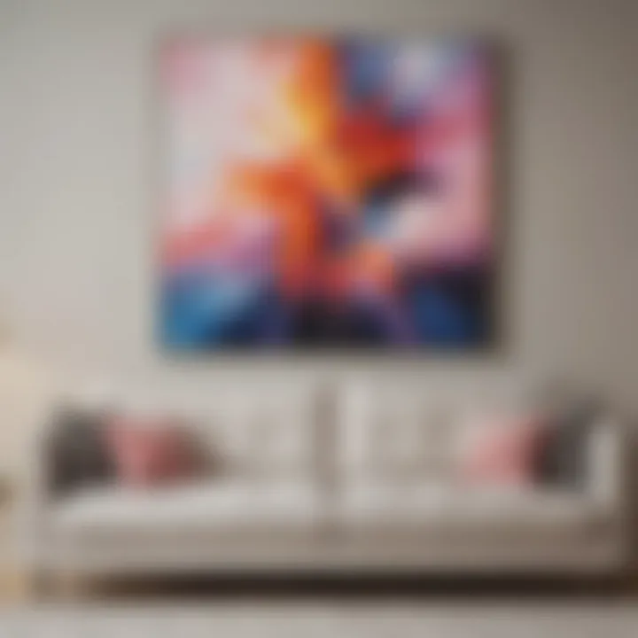 A close-up view of an abstract painting hung above a cozy couch.