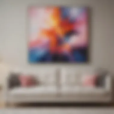 Abstract Painting Above a Cozy Couch A close-up view of an abstract painting hung above a cozy couch.