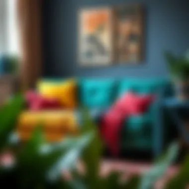 Cozy fabric sofa with vibrant colors for budget-friendly decor