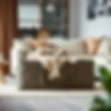 Stylish blanket storage bag in a modern living room.