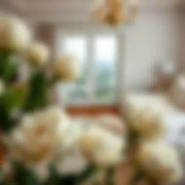 White faux peonies enhancing the tranquility of a serene bedroom