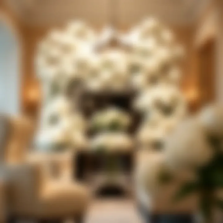 Dramatic entryway featuring an extravagant display of white faux peonies