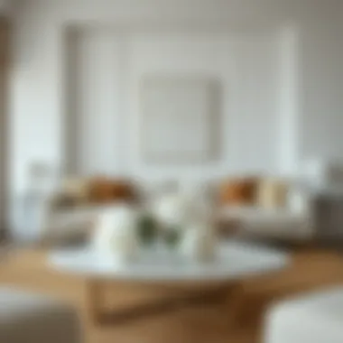 Minimalist interior showcasing white faux peonies on a chic coffee table