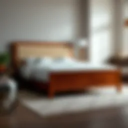 Elegant wooden bed frame with upholstered headboard in a modern bedroom setting