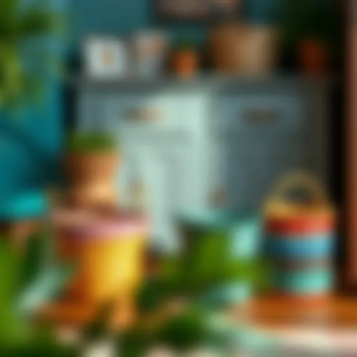 Colorful painted storage baskets adding vibrancy to a room