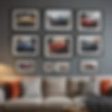 An eclectic arrangement of framed prints creating a vibrant atmosphere above a sofa.