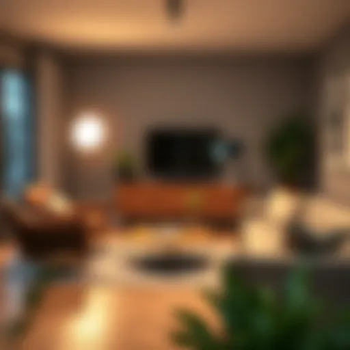 Sleek modern spotlight stand illuminating a contemporary living room