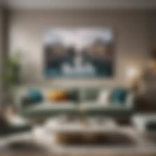 A stylish living room showcasing a variety of wall art above a contemporary couch.