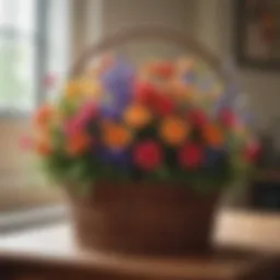 A vibrant arrangement of faux flowers in a decorative basket