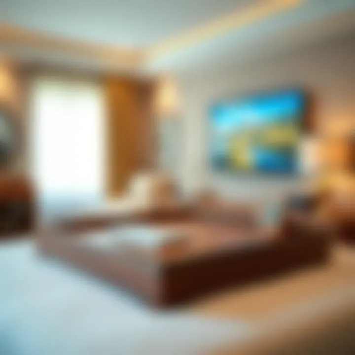 Elegant wooden bed TV tray enhancing a cozy bedroom atmosphere