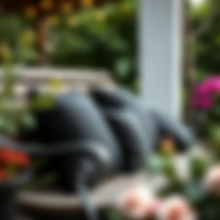 Stylish black outdoor cushions arranged on a garden bench