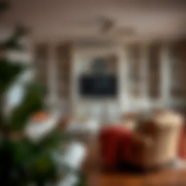 Distressed white shelving unit in a cozy living room setting