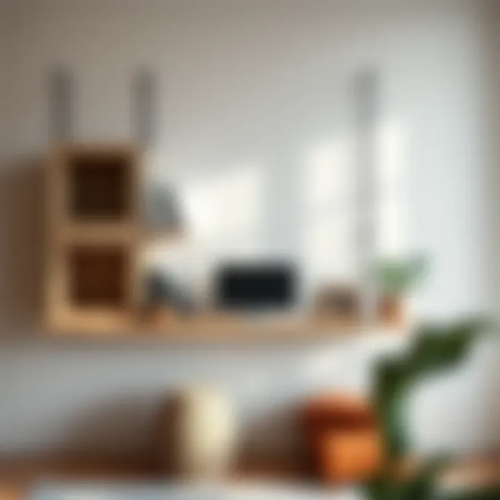 Integration of Functionality and Minimalism Minimalist design of a floating desk bookshelf showcasing books and decor