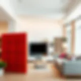 Innovative Giant Lego Room Divider in a Contemporary Setting A creative giant Lego room divider in a modern living space