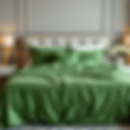 Luxurious green bedspread draped over a king-sized bed