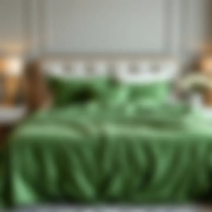 Luxurious green bedspread draped over a king-sized bed