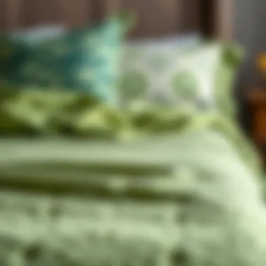 Close-up of the texture and patterns on a green bedspread