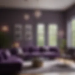 A cozy living room illuminated with dark purple light bulbs creating a serene ambiance.
