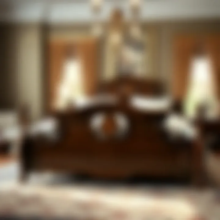 Elegant queen size sleigh bed with intricate woodwork