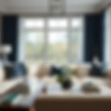 Living room adorned with navy and white decor accents