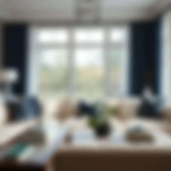 Living room adorned with navy and white decor accents