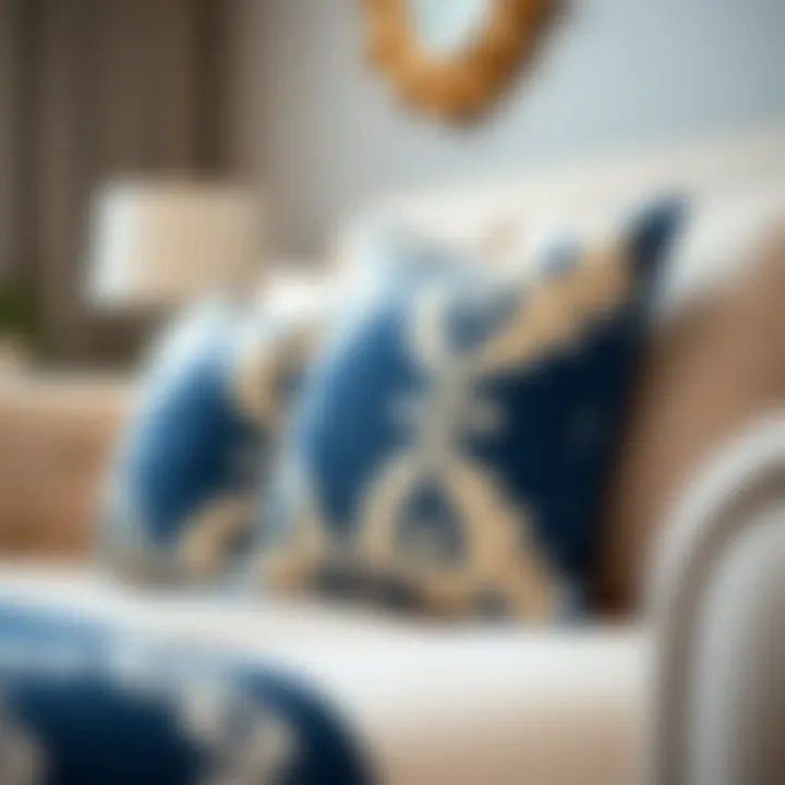 Close-up of navy and white patterned pillow cover design