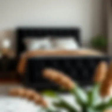 Tall black upholstered bed styled with decorative pillows and bedding