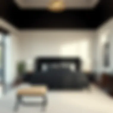 Stunning tall black upholstered bed in modern bedroom setting