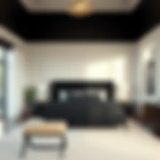 Stunning tall black upholstered bed in modern bedroom setting