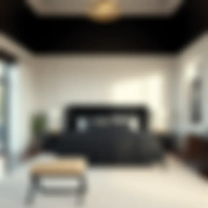 Stunning tall black upholstered bed in modern bedroom setting