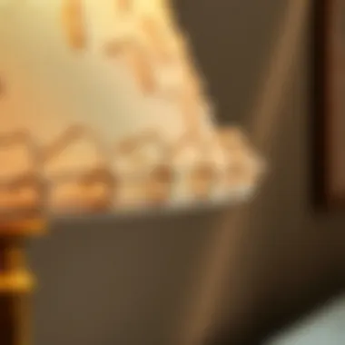 Close-up of a textured lampshade on a short wide lamp