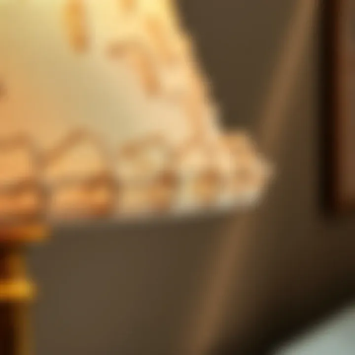 Close-up of a textured lampshade on a short wide lamp