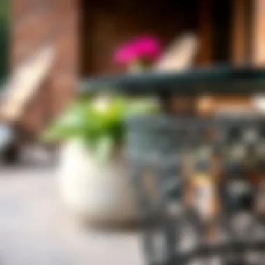 Close-up of a contemporary metal outdoor table showcasing intricate design