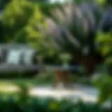 A stylish metal outdoor accent table set in a lush garden