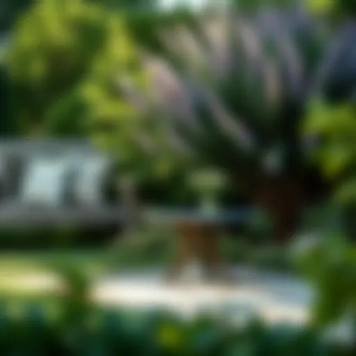A stylish metal outdoor accent table set in a lush garden