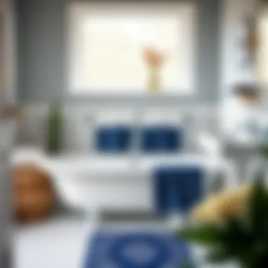 Cozy bathroom setting with navy blue bath runner