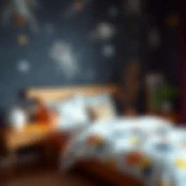 A beautifully arranged bedroom featuring outer space motifs