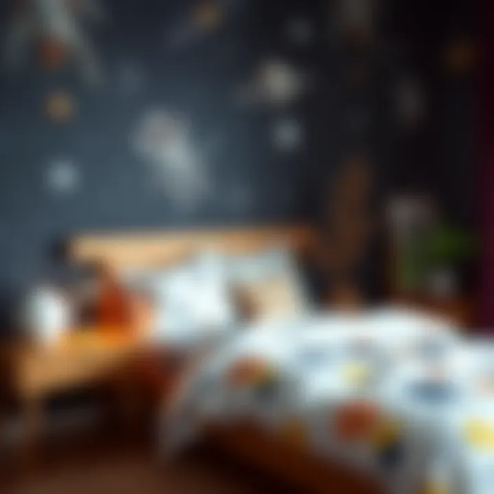 A beautifully arranged bedroom featuring outer space motifs