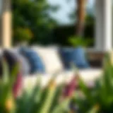 Elegant Nautica Outdoor Cushions on Patio Sofa Elegant Nautica outdoor cushions arranged on a patio sofa