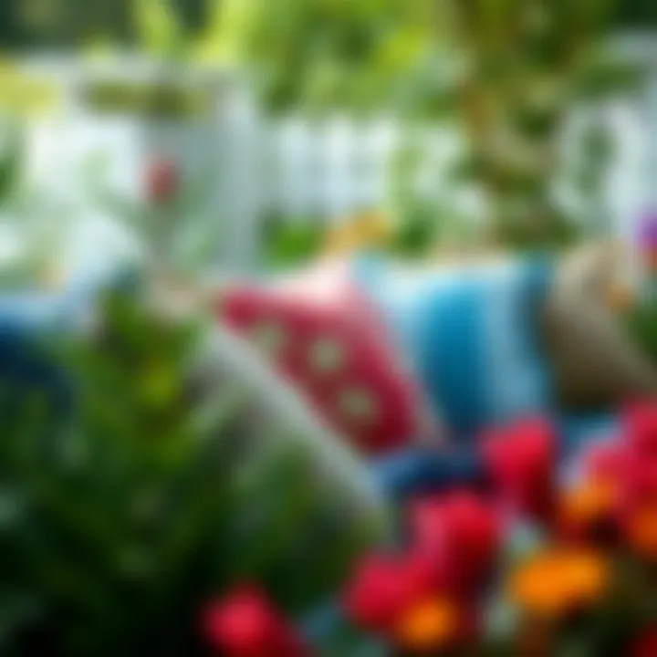 A vibrant arrangement of Nautica outdoor cushions in a garden setting