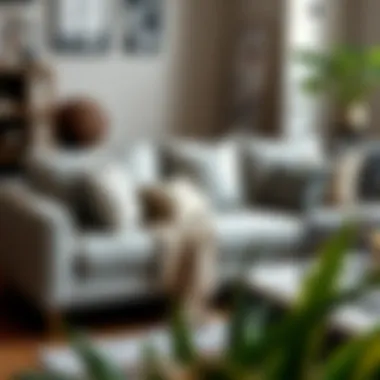 Cozy sectional gray couch with decorative pillows and throws