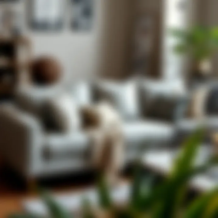 Cozy sectional gray couch with decorative pillows and throws