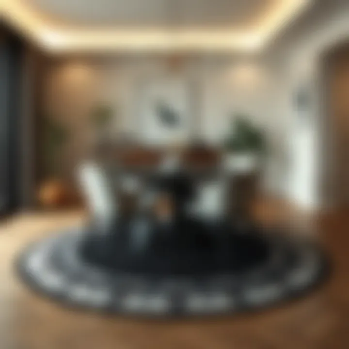 Stylish Dining Area with Black and Grey Circle Rug Stylish dining area featuring a black and grey circle rug under the table