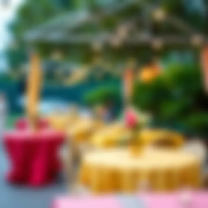 Stylish Outdoor Event with Colorful Tablecloths A stylish outdoor event adorned with colorful plastic tablecloths