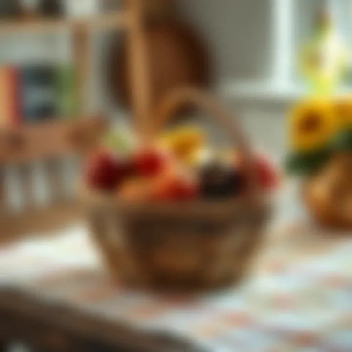 A rustic wooden food serving basket filled with fresh fruits, illustrating a casual dining atmosphere.