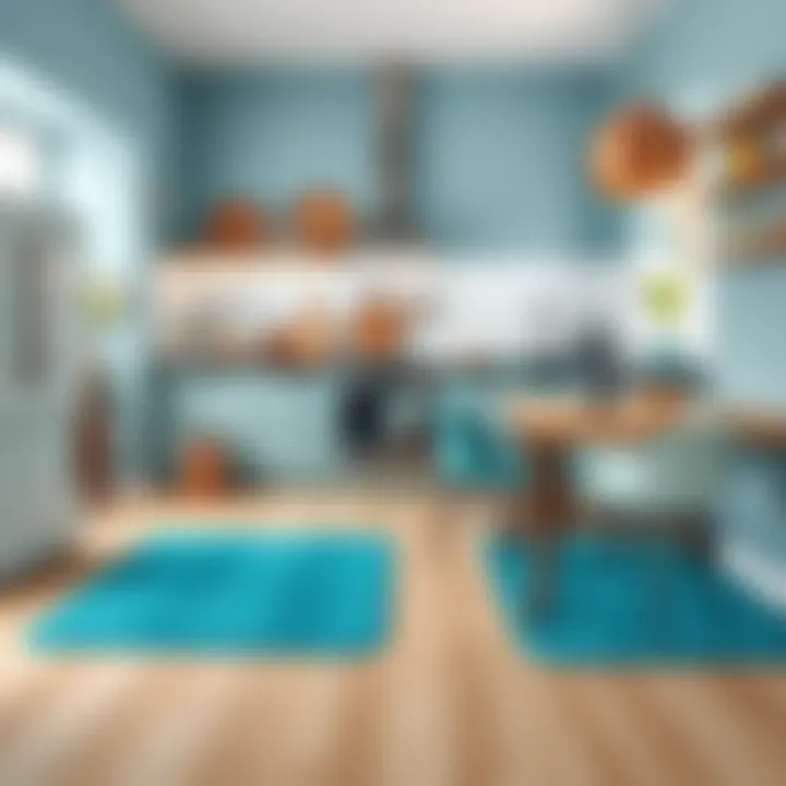 Stylish kitchen with turquoise floor mat complementing decor