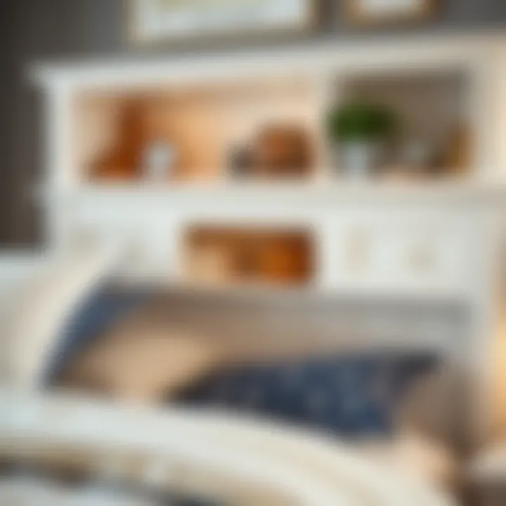 Detail of Bookcase Headboard with Decorative Accents Close-up of the bookcase headboard displaying decorative accents and organized storage