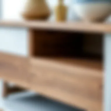 Close-up of the materials used in the walnut and white console table