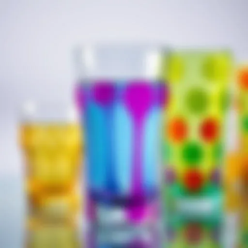 A collection of uniquely designed water glasses featuring vibrant colors and patterns